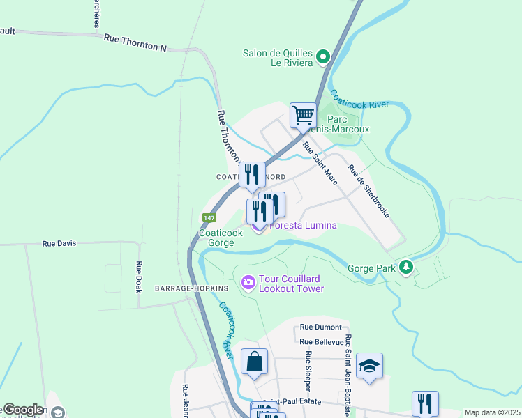 map of restaurants, bars, coffee shops, grocery stores, and more near 66 Rue Thornton Sud in Coaticook