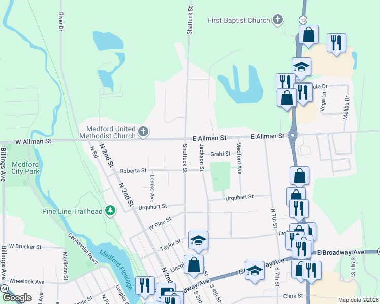 map of restaurants, bars, coffee shops, grocery stores, and more near 404 East Allman Street in Medford