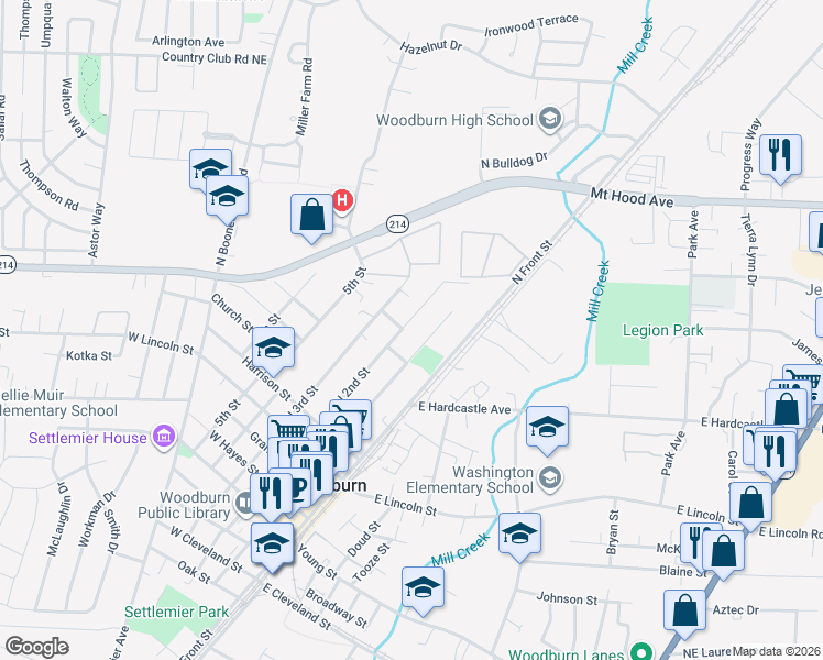 map of restaurants, bars, coffee shops, grocery stores, and more near 1182 North 2nd Street in Woodburn