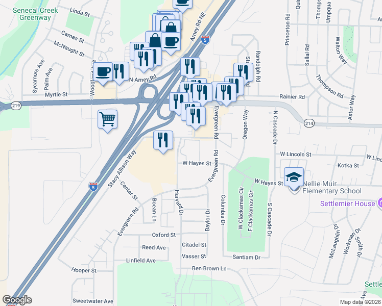 map of restaurants, bars, coffee shops, grocery stores, and more near 2377 West Hayes Street in Woodburn