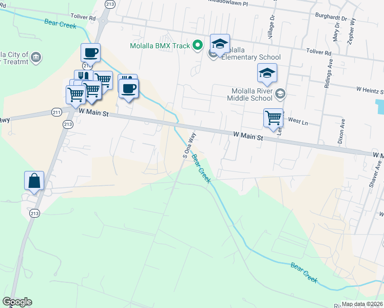 map of restaurants, bars, coffee shops, grocery stores, and more near 105 South Ona Way in Molalla