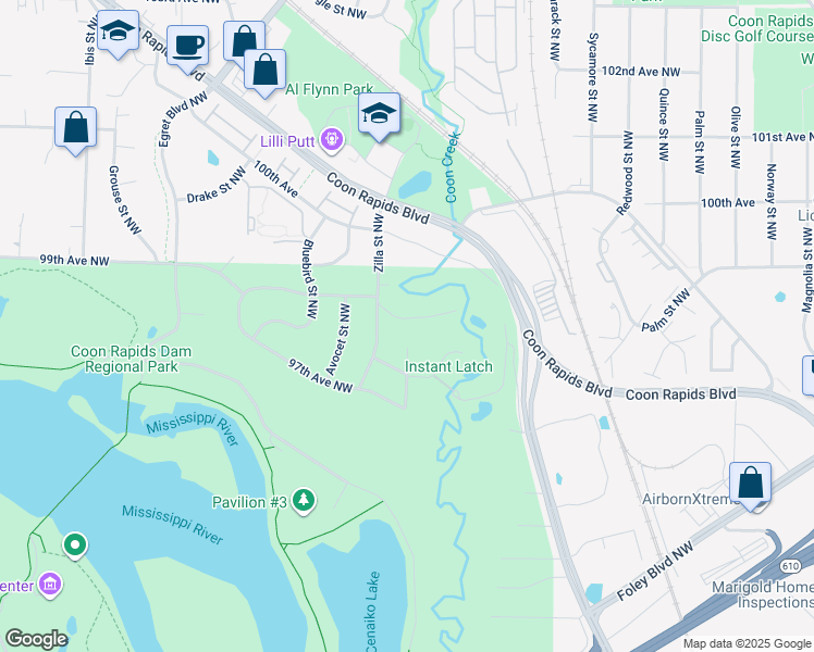 map of restaurants, bars, coffee shops, grocery stores, and more near 1219 98th Lane Northwest in Coon Rapids