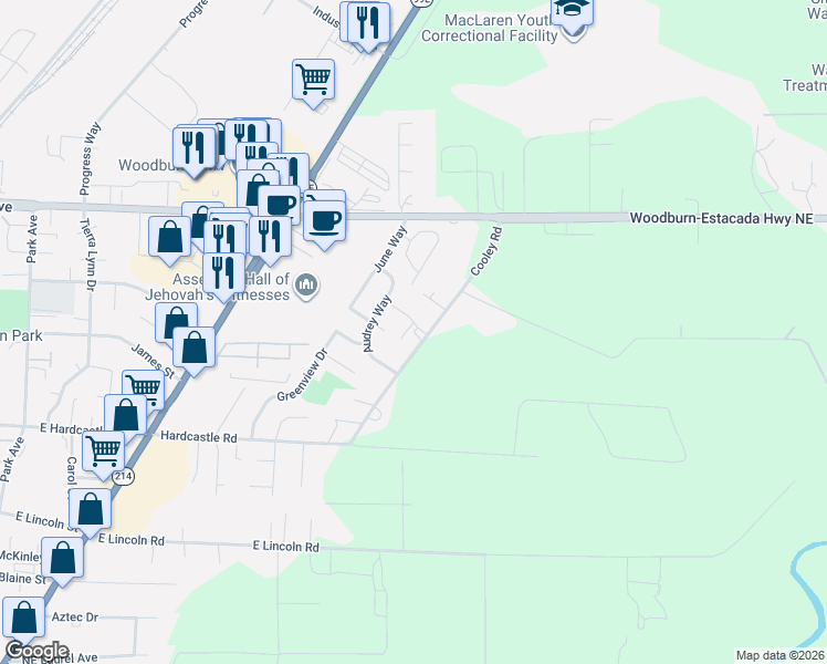 map of restaurants, bars, coffee shops, grocery stores, and more near 1515 Barn Street in Woodburn