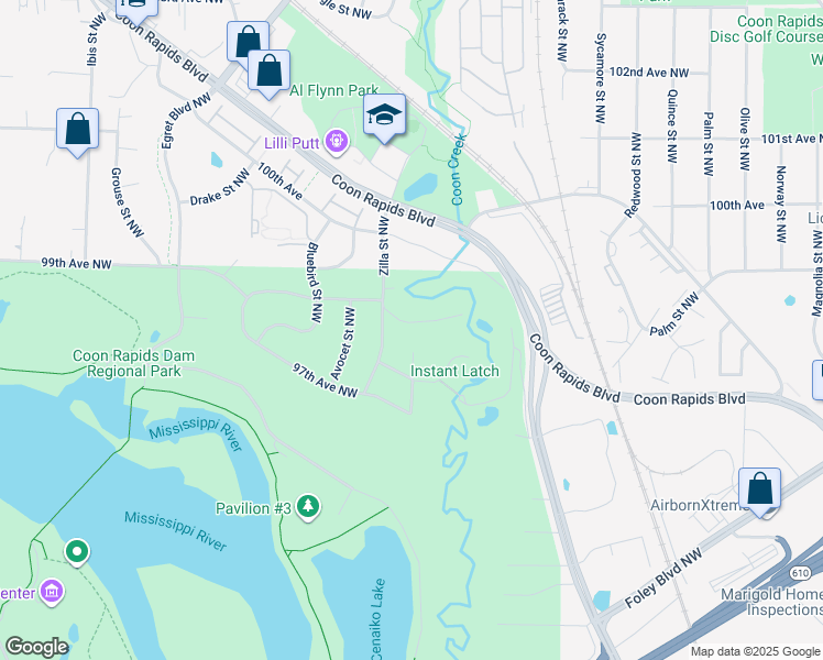 map of restaurants, bars, coffee shops, grocery stores, and more near 1219 98th Lane Northwest in Coon Rapids