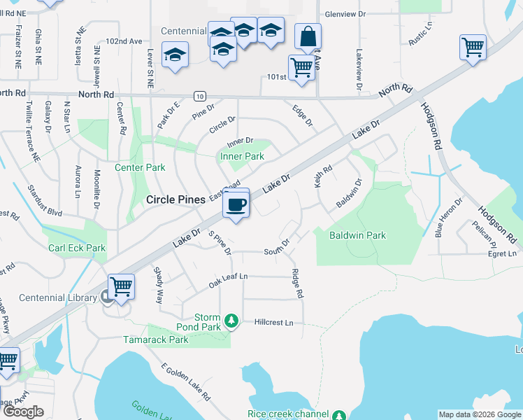 map of restaurants, bars, coffee shops, grocery stores, and more near 2 Shepherd Court in Circle Pines