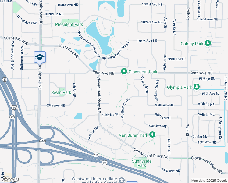 map of restaurants, bars, coffee shops, grocery stores, and more near 586 98th Avenue Northeast in Blaine