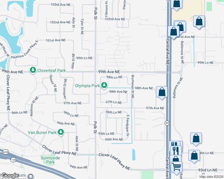 map of restaurants, bars, coffee shops, grocery stores, and more near 1091 98th Avenue Northeast in Blaine