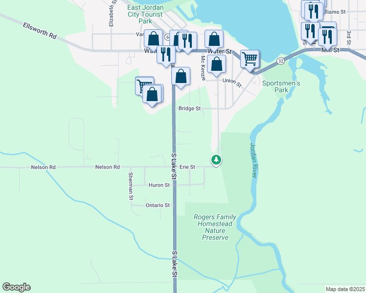 map of restaurants, bars, coffee shops, grocery stores, and more near 415 South Lake Street in East Jordan
