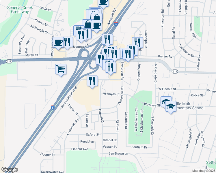 map of restaurants, bars, coffee shops, grocery stores, and more near 2363 Barclay Square in Woodburn