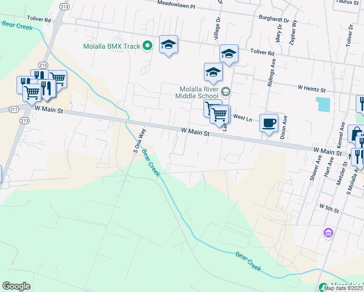 map of restaurants, bars, coffee shops, grocery stores, and more near 13322 Oregon 211 in Molalla