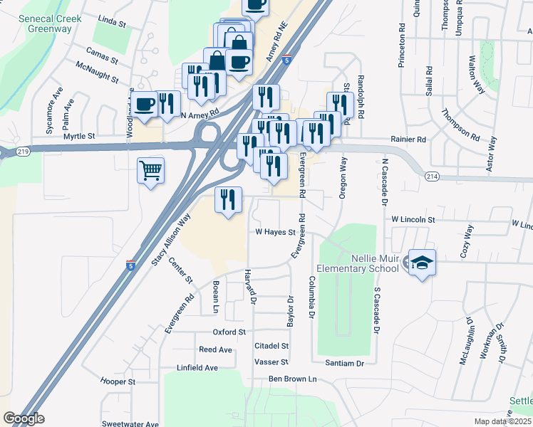 map of restaurants, bars, coffee shops, grocery stores, and more near 2363 Barclay Square in Woodburn