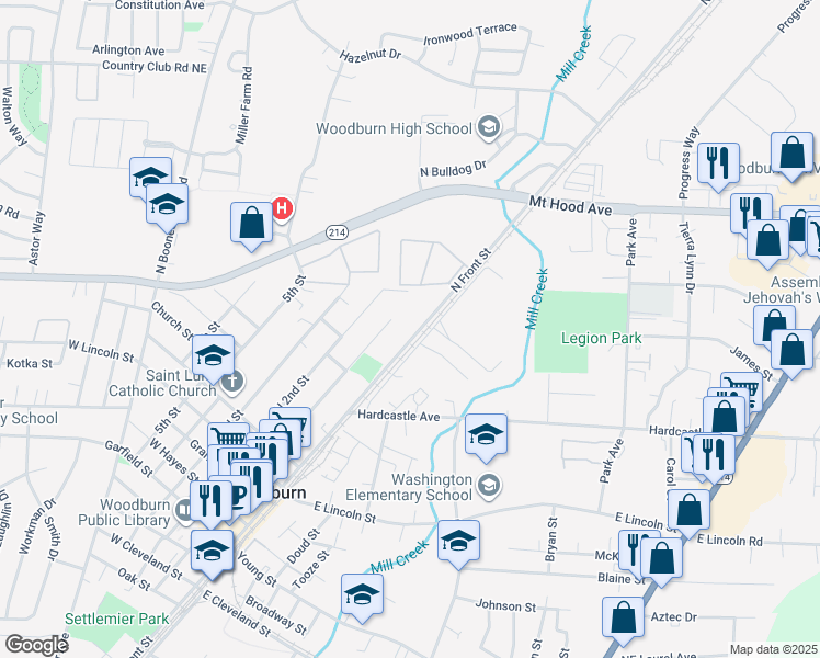 map of restaurants, bars, coffee shops, grocery stores, and more near 1361 North Front Street in Woodburn