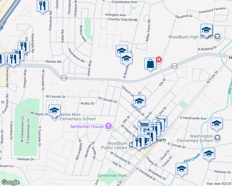 map of restaurants, bars, coffee shops, grocery stores, and more near 980 Church Street in Woodburn
