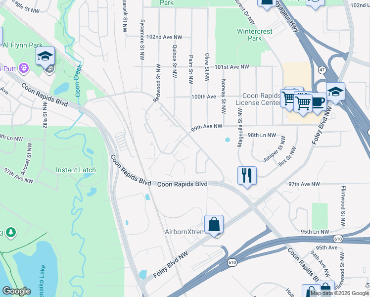 map of restaurants, bars, coffee shops, grocery stores, and more near 9853 Palm Street Northwest in Coon Rapids