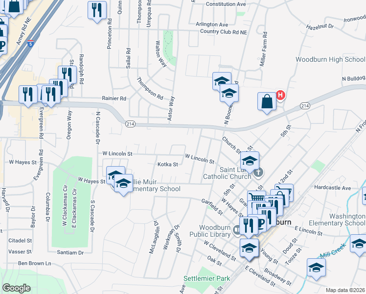 map of restaurants, bars, coffee shops, grocery stores, and more near 1229 West Lincoln Street in Woodburn