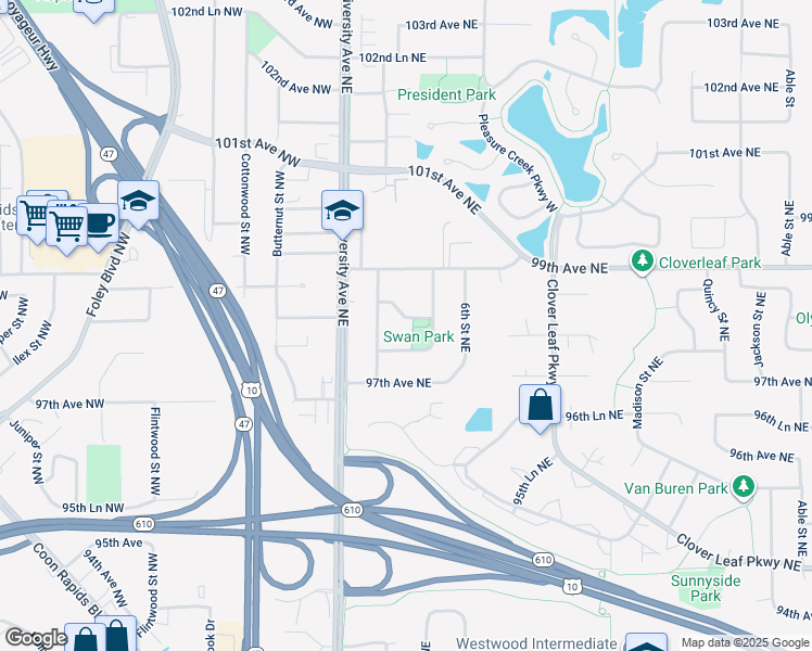 map of restaurants, bars, coffee shops, grocery stores, and more near 80 98th Avenue Northeast in Blaine