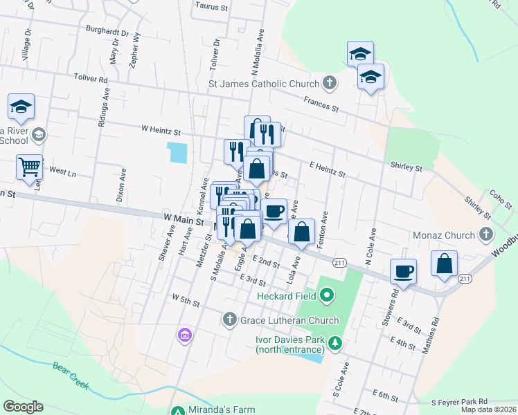 map of restaurants, bars, coffee shops, grocery stores, and more near 200 Center Avenue in Molalla