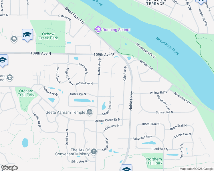 map of restaurants, bars, coffee shops, grocery stores, and more near 10700 Noble Avenue North in Minneapolis