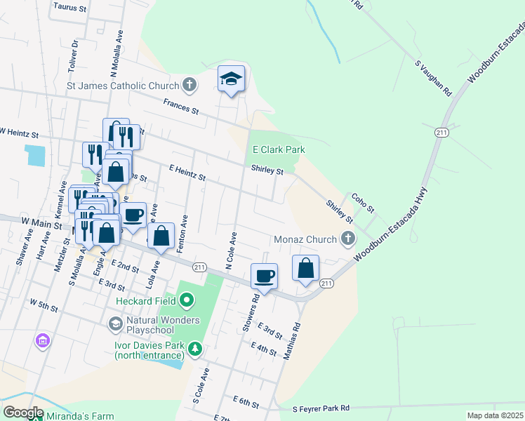 map of restaurants, bars, coffee shops, grocery stores, and more near 707 Oak Street in Molalla