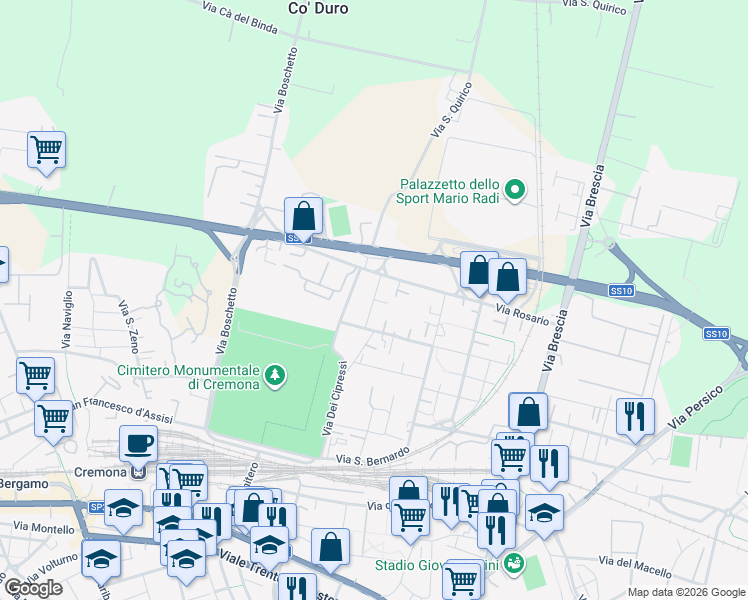 map of restaurants, bars, coffee shops, grocery stores, and more near 15 Via dei Cipressi in Cremona