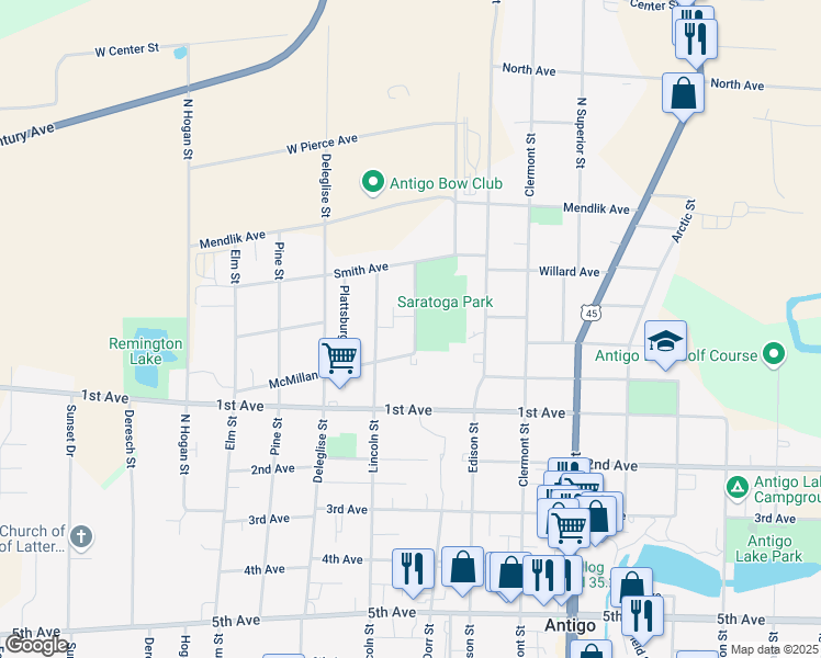 map of restaurants, bars, coffee shops, grocery stores, and more near 1226 Nantasket Street in Antigo