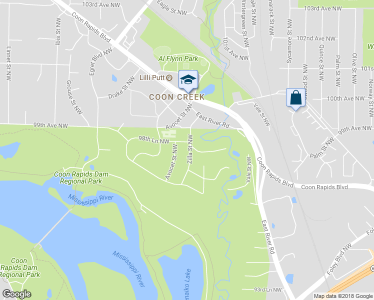 map of restaurants, bars, coffee shops, grocery stores, and more near 9764 Zilla Street Northwest in Coon Rapids