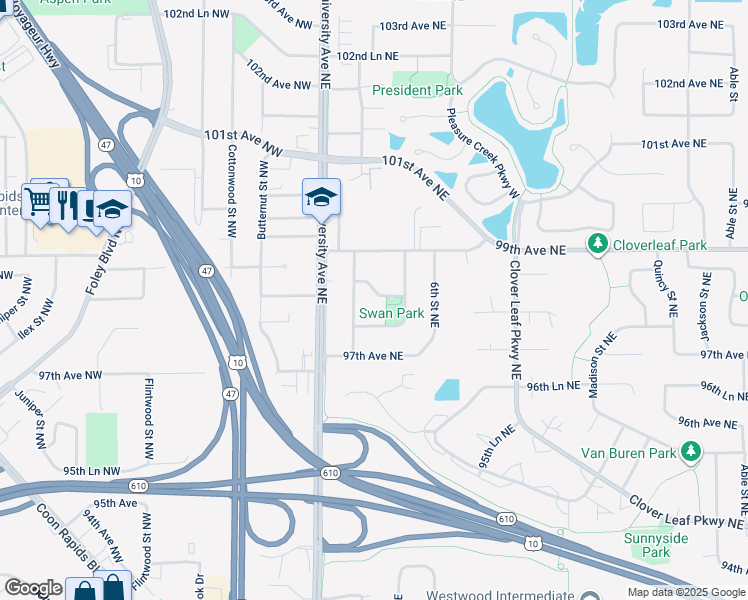 map of restaurants, bars, coffee shops, grocery stores, and more near 80 98th Avenue Northeast in Blaine