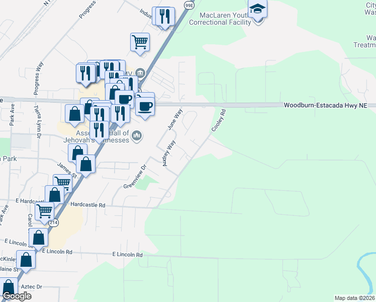 map of restaurants, bars, coffee shops, grocery stores, and more near 1537 Barn Street in Woodburn