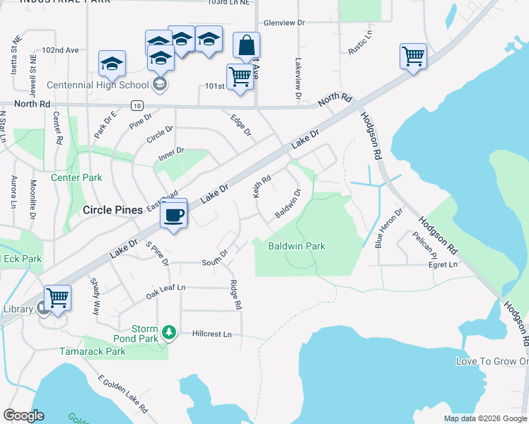 map of restaurants, bars, coffee shops, grocery stores, and more near 215 Keith Road in Circle Pines