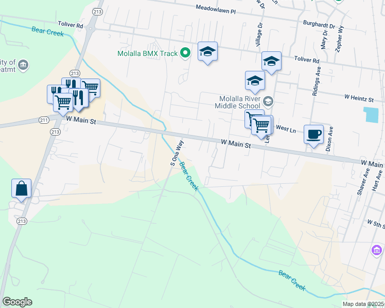 map of restaurants, bars, coffee shops, grocery stores, and more near 1000 West Main Street in Molalla