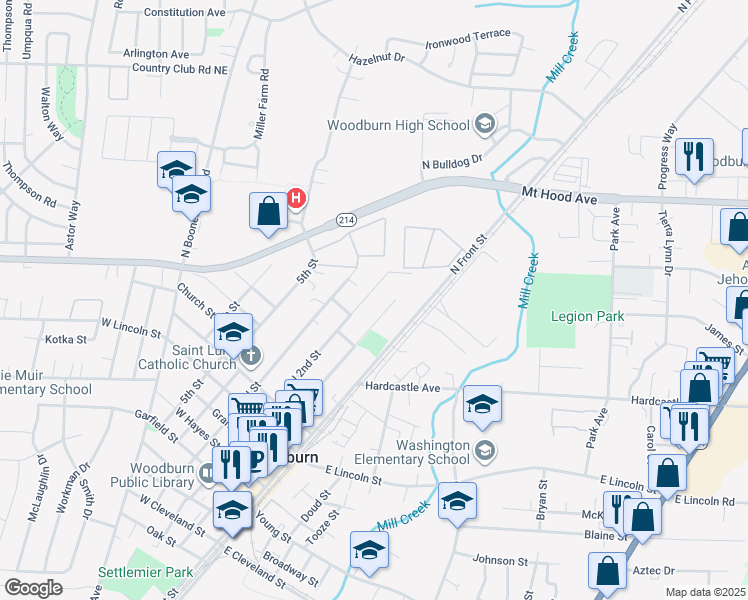 map of restaurants, bars, coffee shops, grocery stores, and more near 1182 North 2nd Street in Woodburn