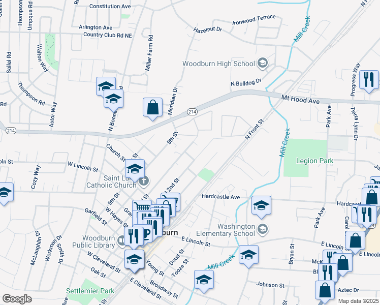 map of restaurants, bars, coffee shops, grocery stores, and more near 1104 N 3rd St in Woodburn