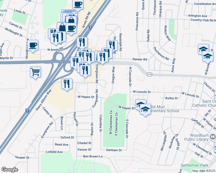 map of restaurants, bars, coffee shops, grocery stores, and more near 770 Evergreen Road in Woodburn