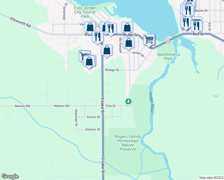 map of restaurants, bars, coffee shops, grocery stores, and more near 415 South Lake Street in East Jordan