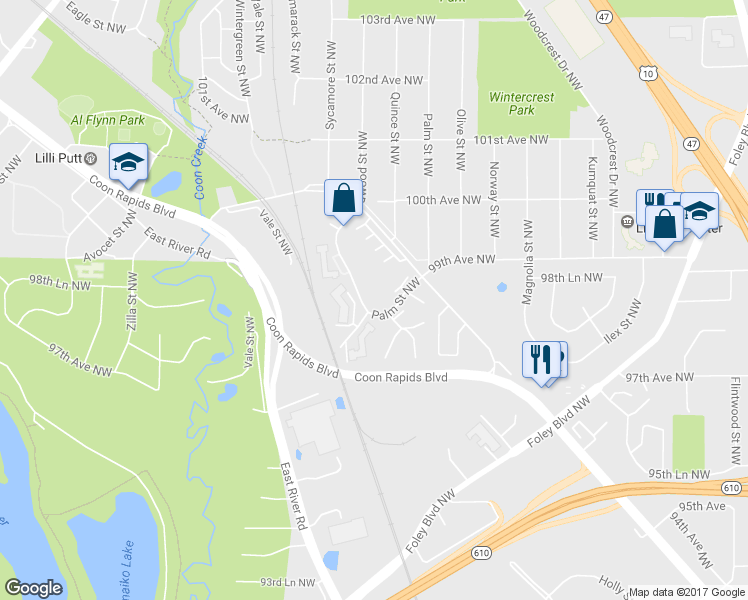 map of restaurants, bars, coffee shops, grocery stores, and more near 9806 Palm Street Northwest in Coon Rapids