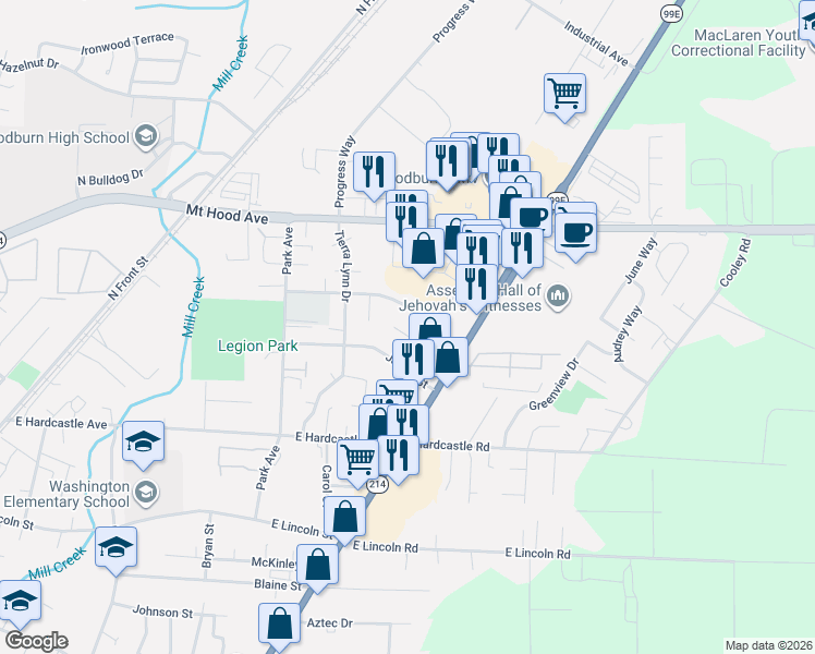 map of restaurants, bars, coffee shops, grocery stores, and more near 1555 Van Lieu Court in Woodburn