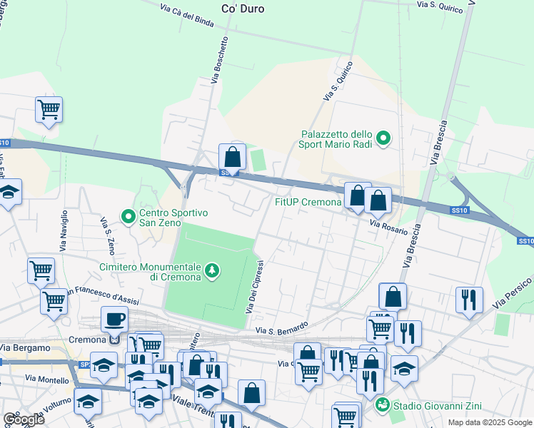 map of restaurants, bars, coffee shops, grocery stores, and more near 15 Via dei Cipressi in Cremona