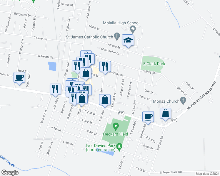 map of restaurants, bars, coffee shops, grocery stores, and more near 162 Fenton Street in Molalla