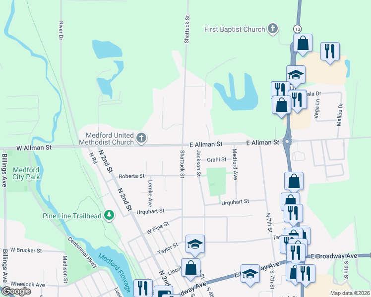 map of restaurants, bars, coffee shops, grocery stores, and more near 404 East Allman Street in Medford
