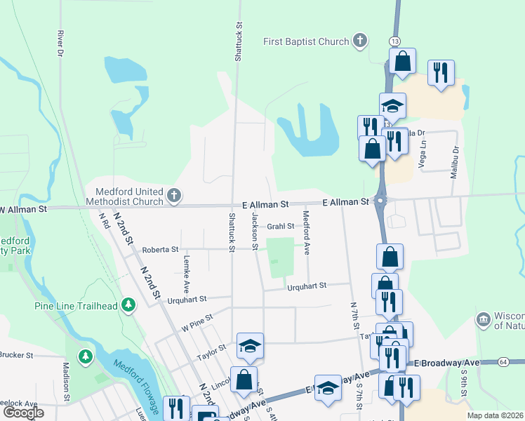map of restaurants, bars, coffee shops, grocery stores, and more near 506 East Allman Street in Medford