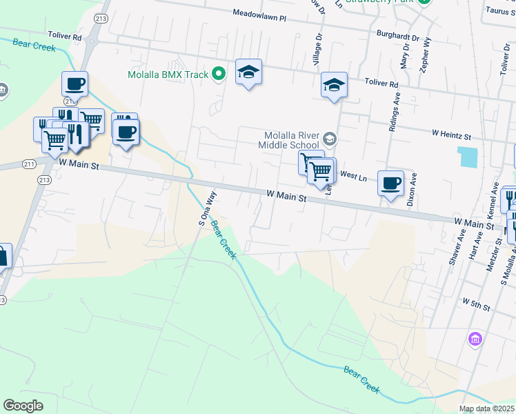 map of restaurants, bars, coffee shops, grocery stores, and more near 13322 Oregon 211 in Molalla