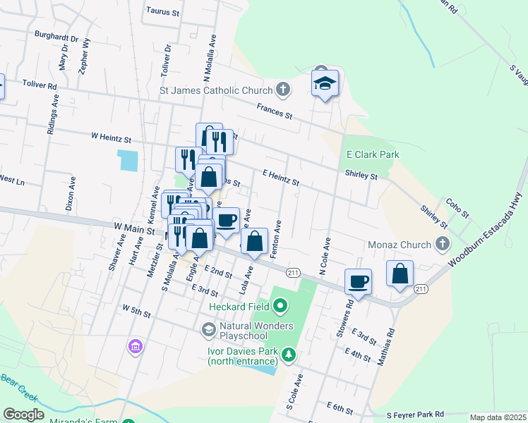 map of restaurants, bars, coffee shops, grocery stores, and more near 145 Grange Avenue in Molalla