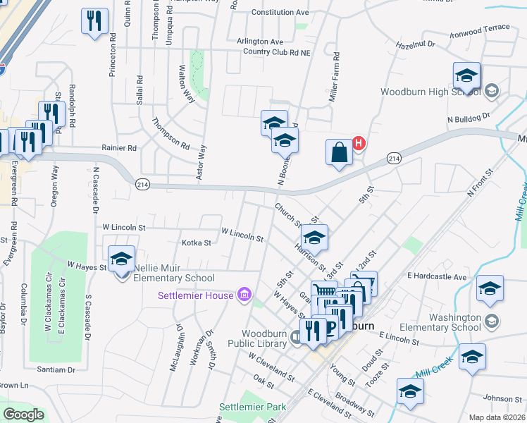 map of restaurants, bars, coffee shops, grocery stores, and more near 980 Church Street in Woodburn