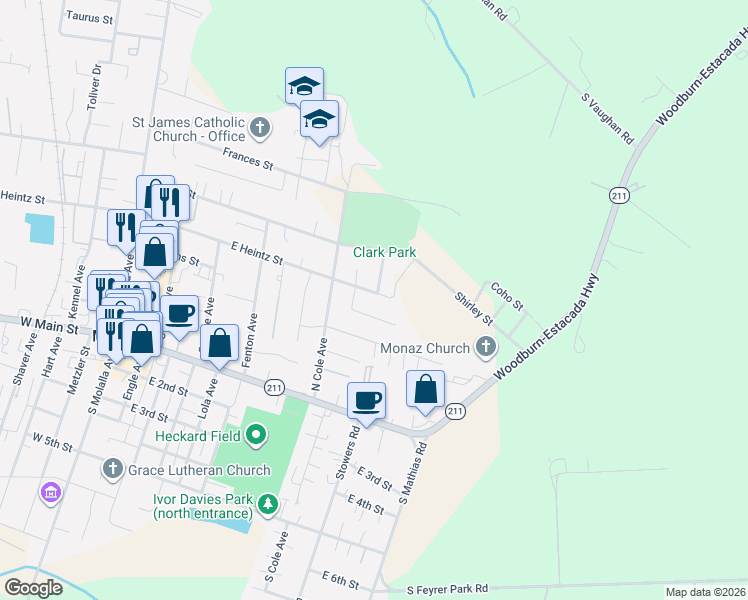 map of restaurants, bars, coffee shops, grocery stores, and more near 708 East Heintz Street in Molalla