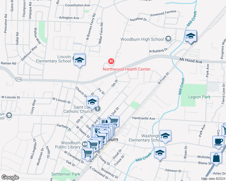 map of restaurants, bars, coffee shops, grocery stores, and more near 1080-1102 5th Street in Woodburn