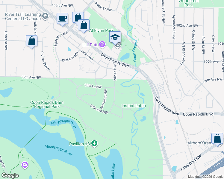 map of restaurants, bars, coffee shops, grocery stores, and more near 9764 Zilla Street Northwest in Coon Rapids