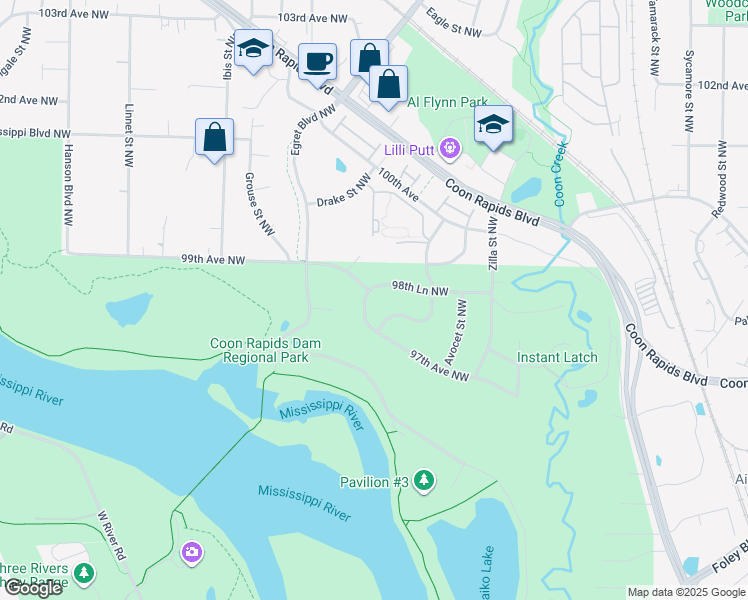 map of restaurants, bars, coffee shops, grocery stores, and more near 9782 Bluebird Street Northwest in Coon Rapids