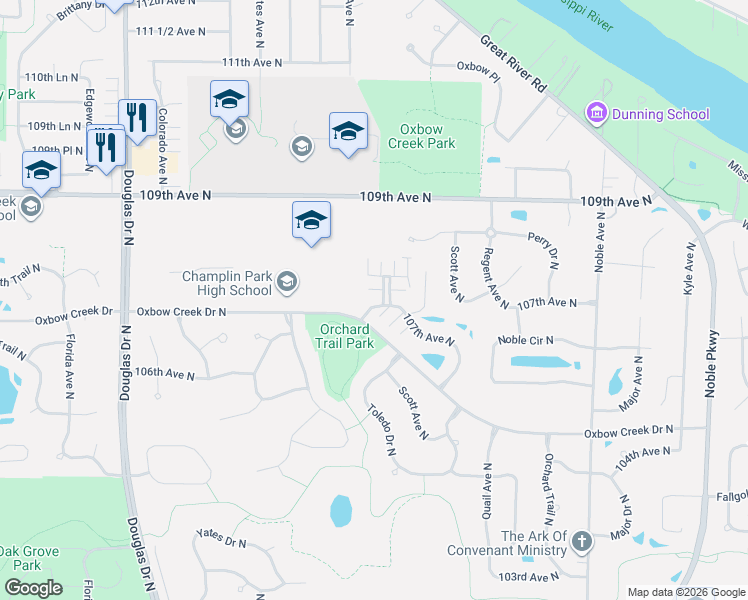 map of restaurants, bars, coffee shops, grocery stores, and more near 5355 107th Avenue North in Minneapolis
