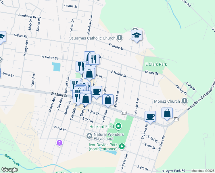 map of restaurants, bars, coffee shops, grocery stores, and more near 145 Grange Avenue in Molalla