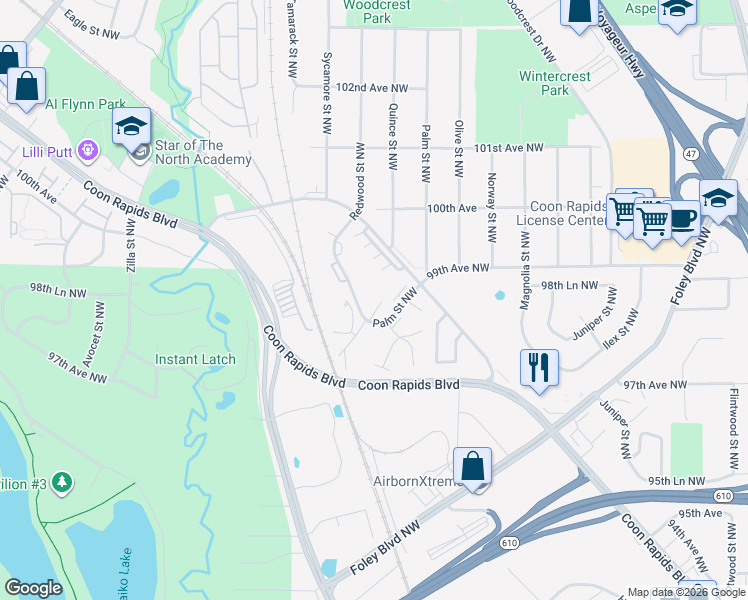 map of restaurants, bars, coffee shops, grocery stores, and more near 9806 Palm Street Northwest in Coon Rapids